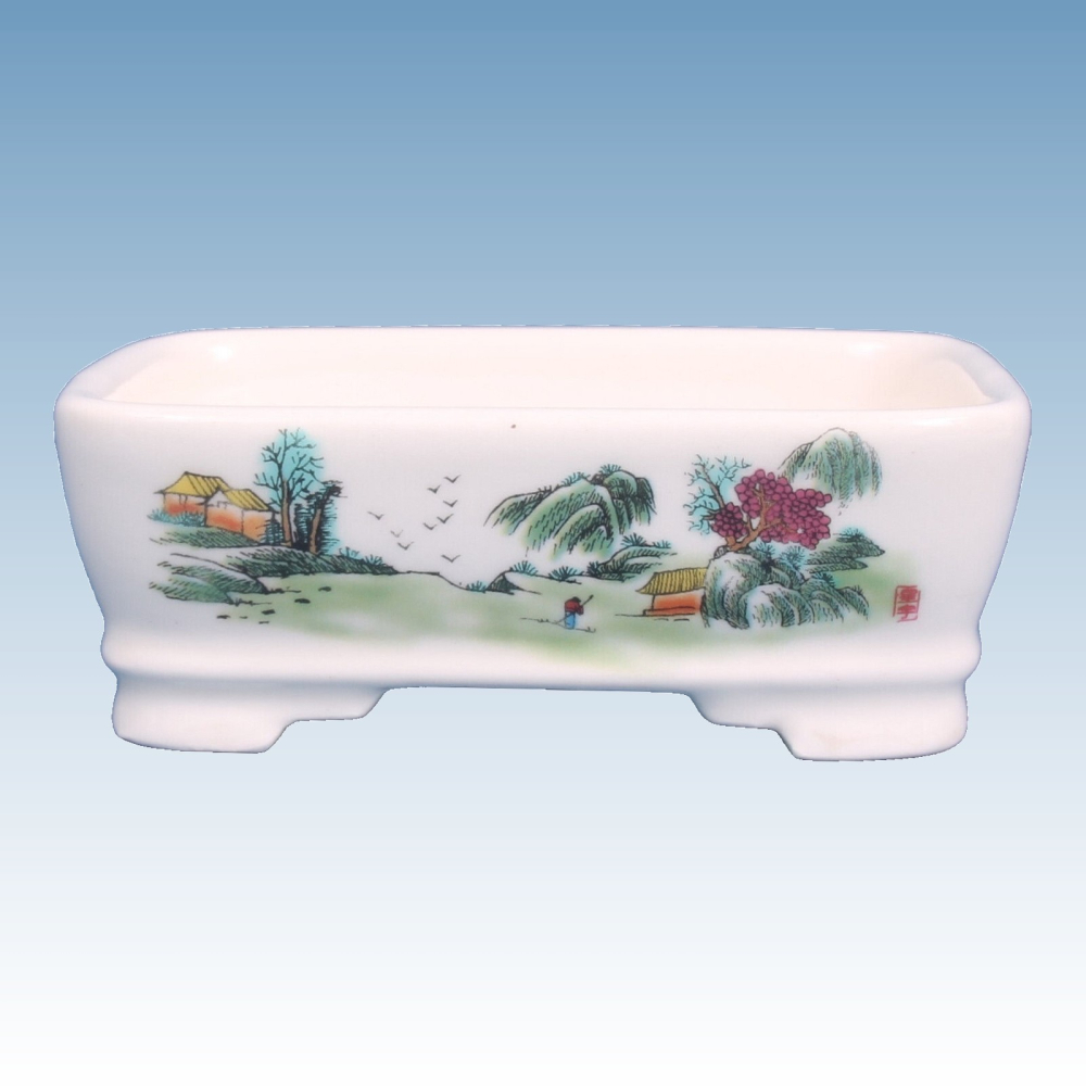 Preview: Bonsai - Schale, Shohinschale  eckig  10,5 x 8,2 x 3,8 cm, weiss mit Motiv   15854