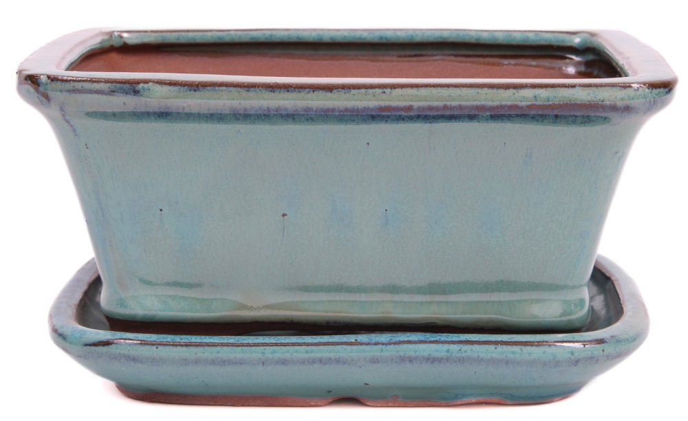 Bonsai - Schale eckig 16.5 x 13 x 7.5 cm , grün , mit Untersetzer 23171