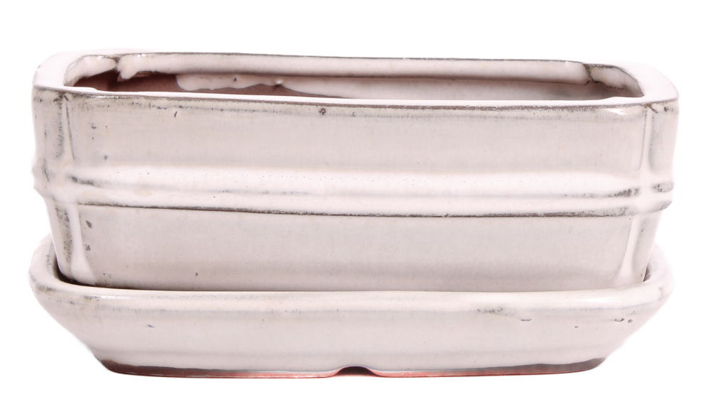 Bonsai - Schale eckig 15.5 x 12 x 5.5 cm , creme, mit Untersetzer 23172