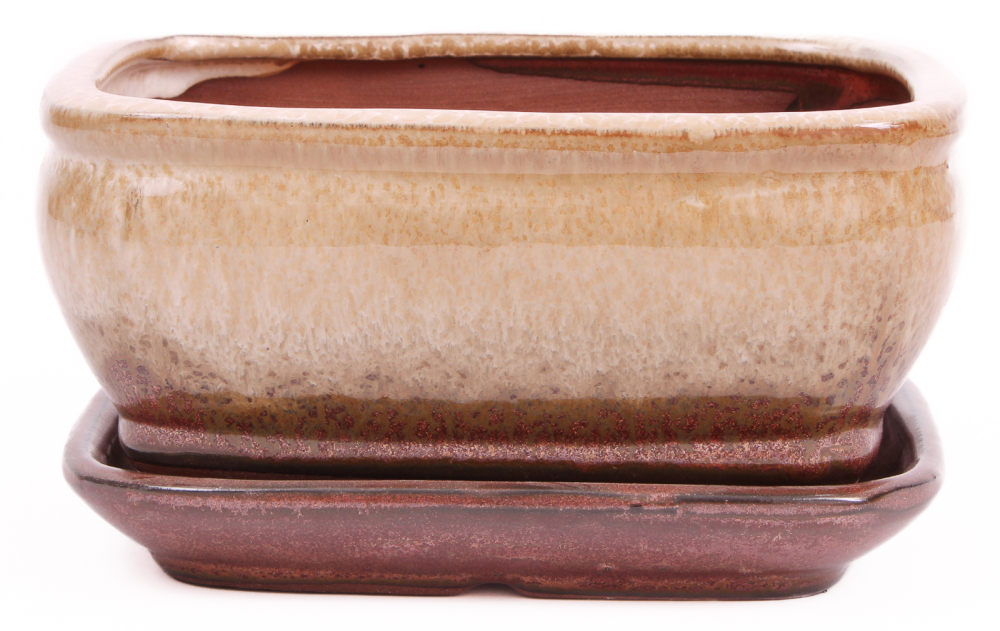 Preview: Bonsai - Schale eckig 16.5 x 13 x 7.7 cm , kupfer / beige , mit Untersetzer 23180