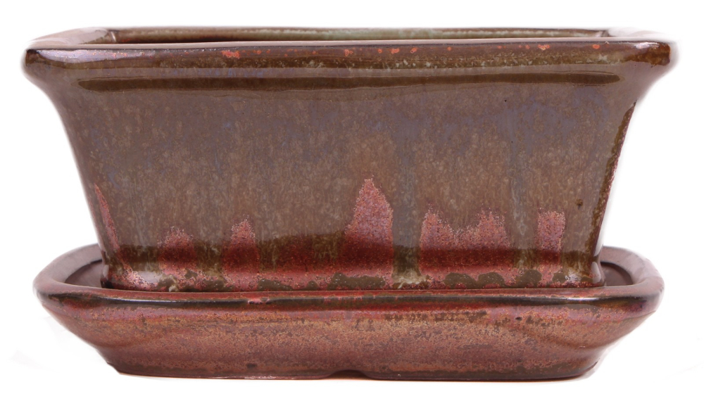 Preview: Bonsai - Schale eckig 16.5 x 13 x 7.7 cm , kupfer / grünbraun , mit Untersetzer 23181