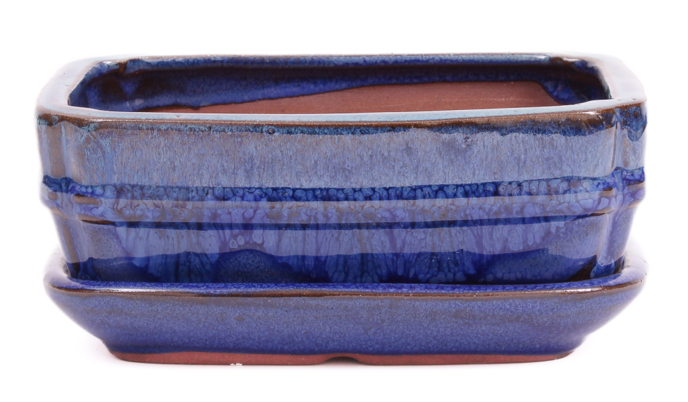 Preview: Bonsai - Schale eckig 16 x 12 x 6.7 cm , blau / grün , mit Untersetzer 23182