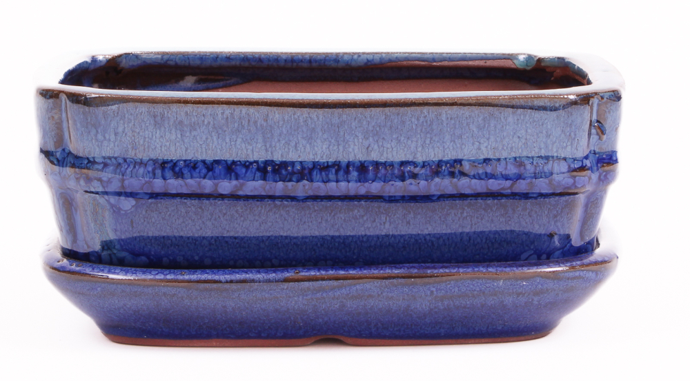 Preview: Bonsai - Schale eckig 16 x 12 x 6.7 cm , blau / grün , mit Untersetzer 23182