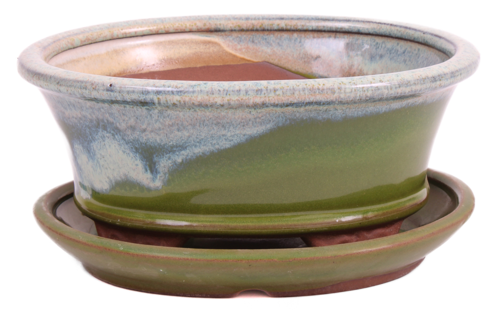 Bonsai - Schale oval 16 x 12.5 x 7.5 cm , grün / beige , mit Untersetzer 23185