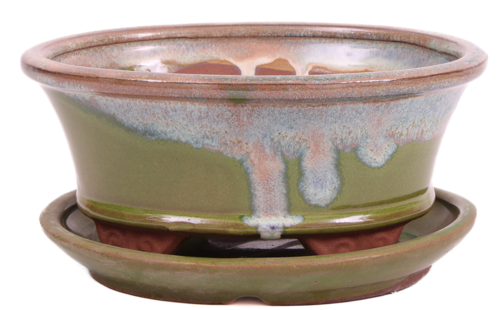 Preview: Bonsai - Schale oval 16 x 12.5 x 7.5 cm , grün / beige , mit Untersetzer 23185