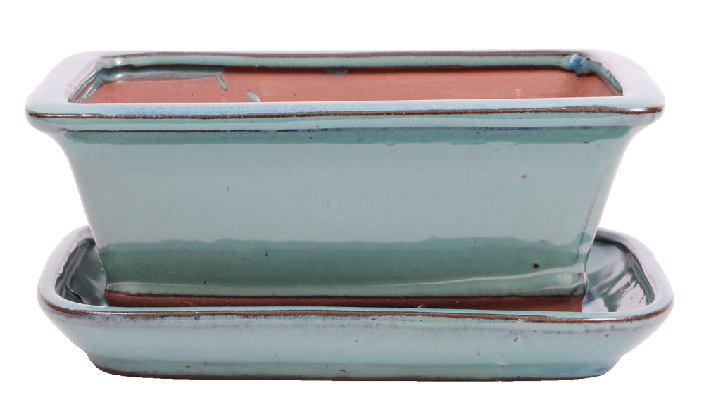 Bonsai - Schale eckig 21.5 x 17 x 8.7 cm , grün , mit Untersetzer 23191