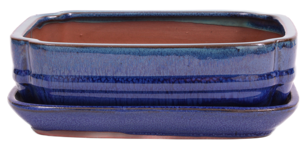 Preview: Bonsai - Schale eckig 22 x 16.5 x 6.5 cm , blaugrün / blau , mit Untersetzer 23202