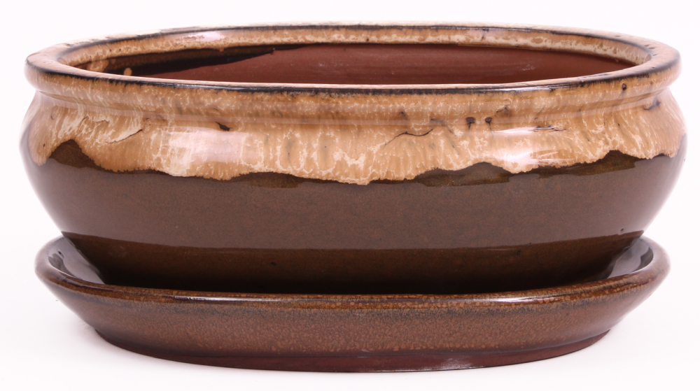 Preview: Bonsai - Schale oval 21 x 16.5 x 8 cm , beige / braun , mit Untersetzer 23204