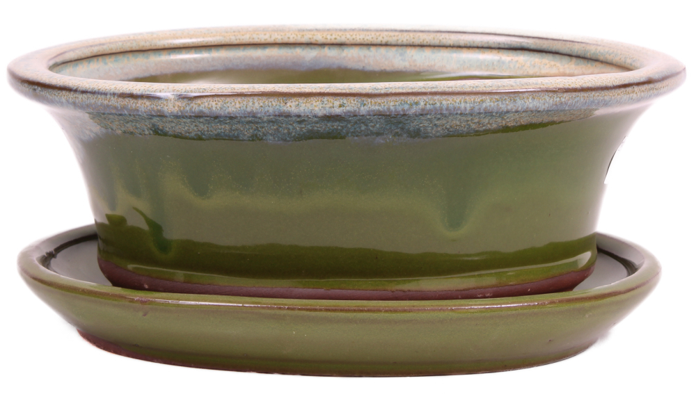 Preview: Bonsai - Schale oval 21 x 17 x 8.5 cm , grün / beige , mit Untersetzer 23205
