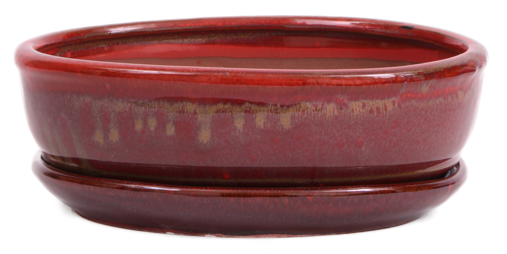 Preview: Bonsai-Schale oval 22 × 16,5 × 6,5 cm rotbraun mit Untersetzer