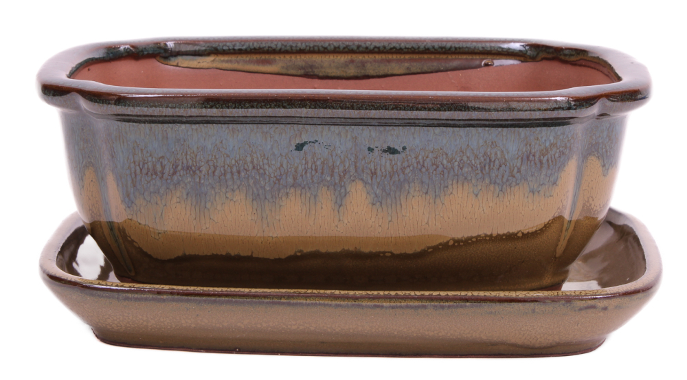 Preview: Bonsai - Schale eckig 21.5 x 17 x 8.5 cm , grünblau / beige , mit Untersetzer 23207