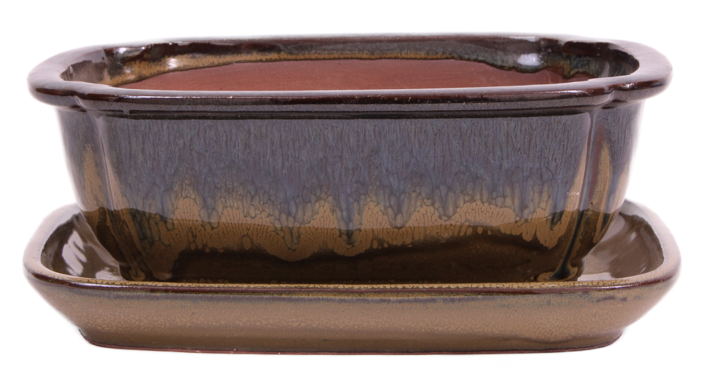 Preview: Bonsai - Schale eckig 21.5 x 17 x 8.5 cm , grünblau / beige , mit Untersetzer 23207