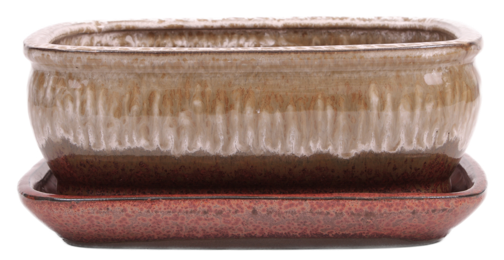 Bonsai - Schale eckig 21.5 x 17 x 8.5 cm kupfer / beige  mit Untersetzer 23208