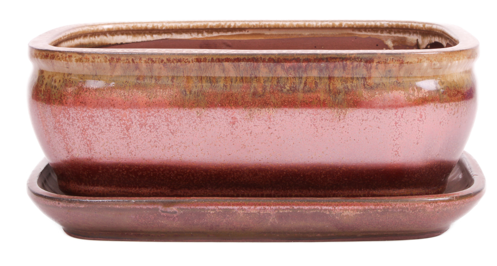 Preview: Bonsai - Schale eckig 26 x 21 x 10 cm , beige / kupfer , mit Untersetzer 31133