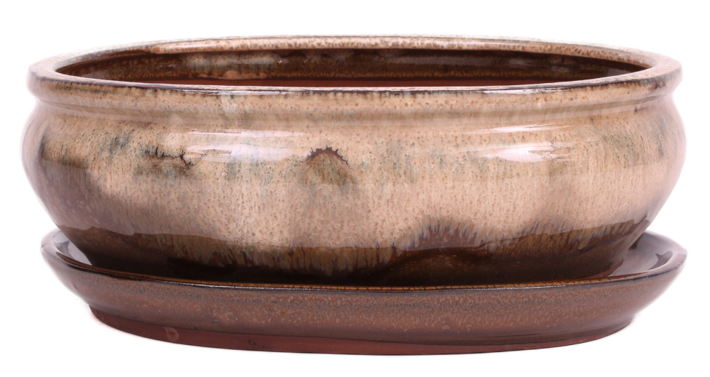 Bonsai - Schale oval 25.5 x 20 x 9.5 cm , beige / braun , mit Untersetzer 31137