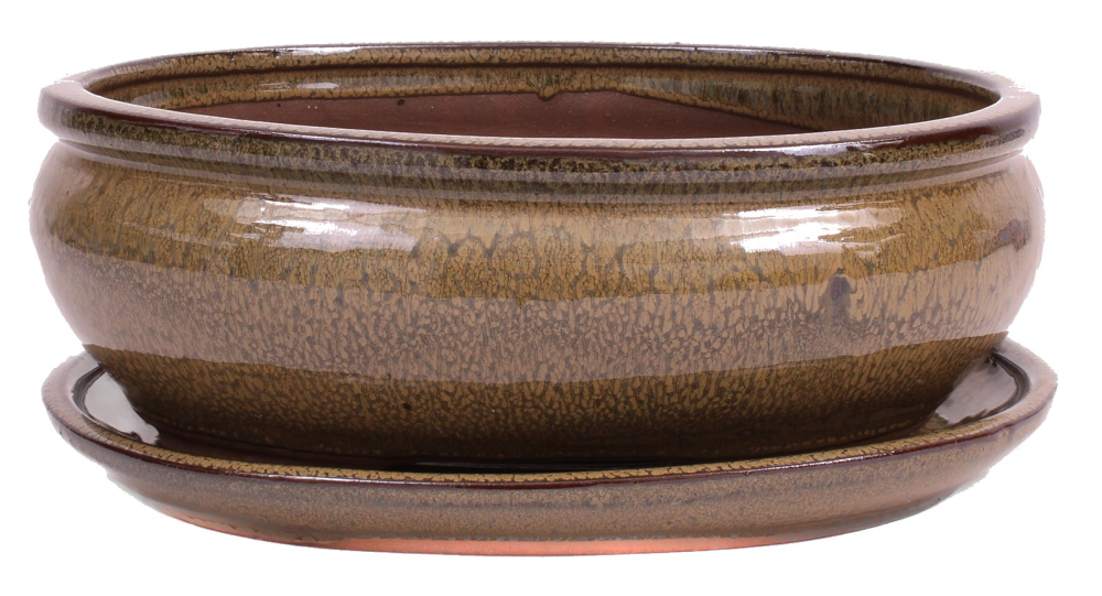 Bonsai - Schale oval 26 x 20 x 9.5 cm mit Untersetzer  braun  31142
