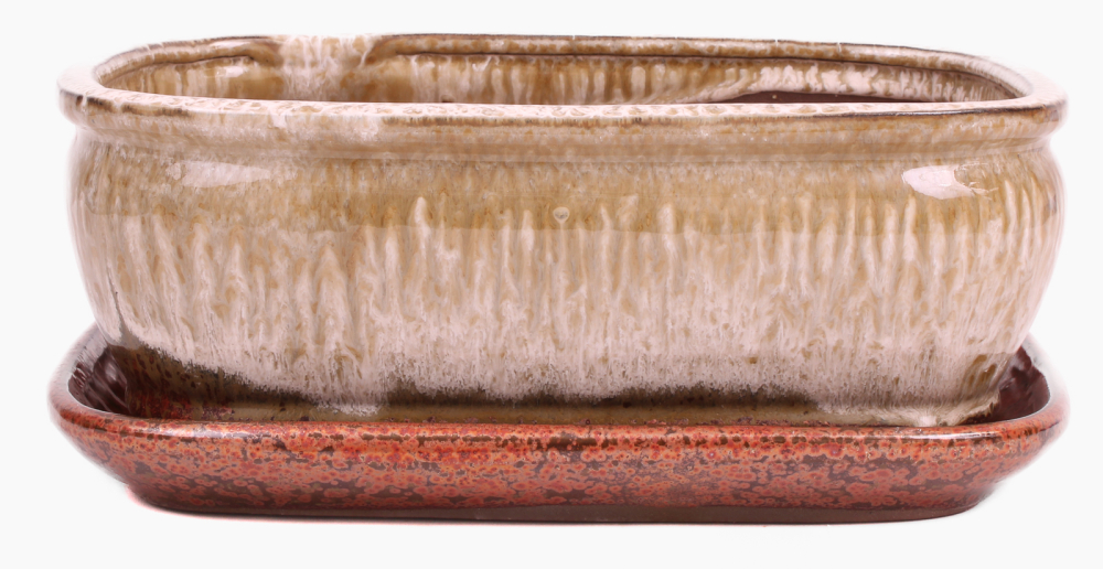 Preview: Bonsai - Schale eckig 26 x 21 x 10 cm  beige / kupfer mit Untersetzer 31143