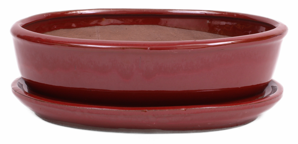 Bonsai - Schale oval 26.5 x 20 x 7.5 cm braunrot mit Untersetzer 31144