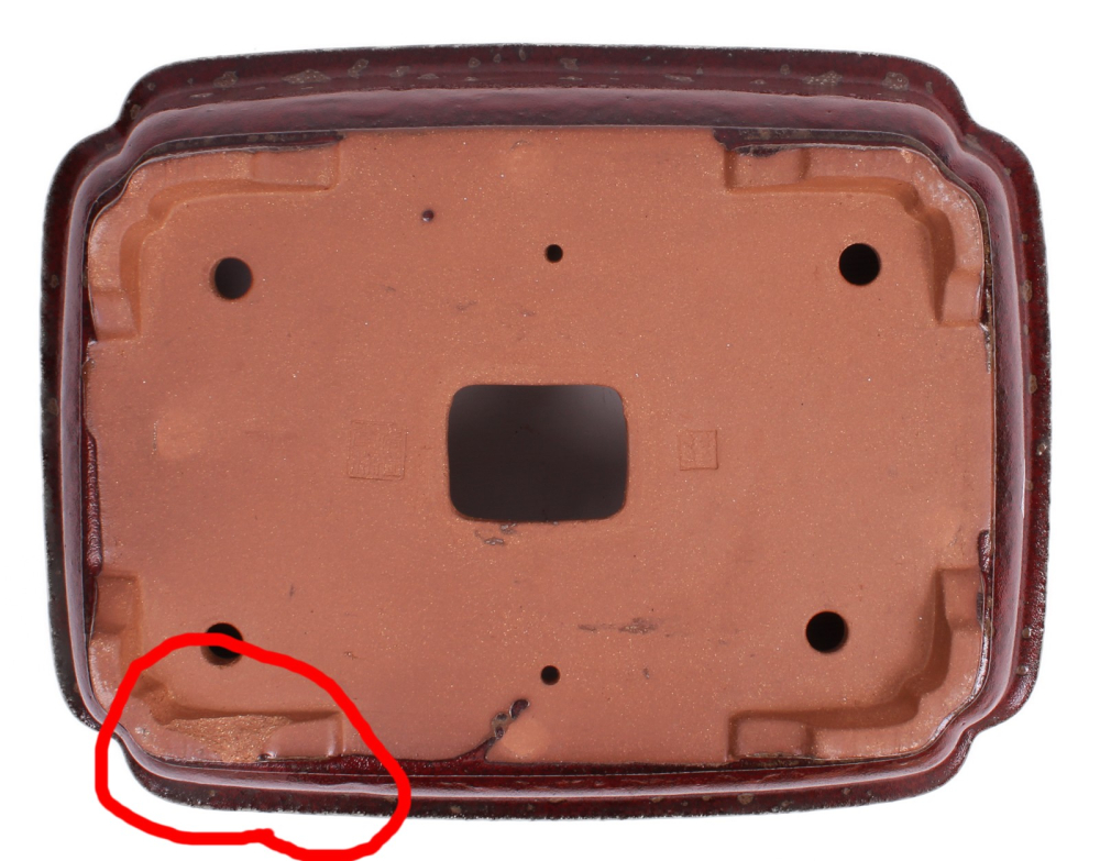 Preview: Bonsai - Schale eckig 46.5 x 36 x 12.5 cm bordeaux handgemacht frostfest  40153a  2. Wahl