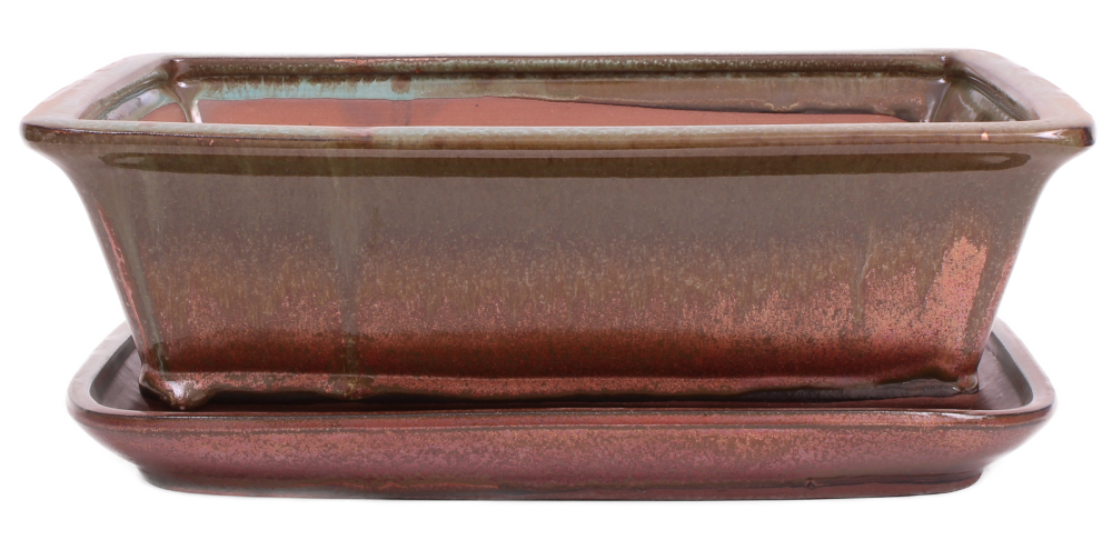 Preview: Bonsai - Schale eckig 32.5 x 25.5 x 10.5 cm , grün / kupfer , mit Untersetzer 41117