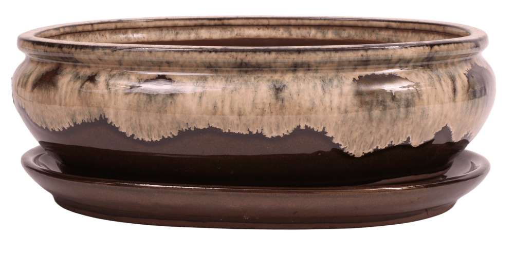 Preview: Bonsai - Schale oval 30.5 x 24.5 x 10.5 cm  beige / braun  mit Untersetzer 41130