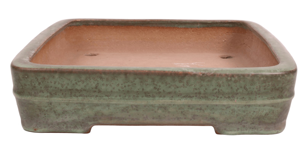 Preview: Tokoname Bonsai-Schale Yamafusa eckig grün glasiert 34,7 × 25,7 × 6,2 cm gebraucht 58157