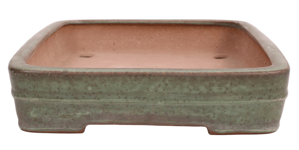 Preview: Tokoname Bonsai-Schale Yamafusa eckig grün glasiert 34,7 × 25,7 × 6,2 cm gebraucht 58157