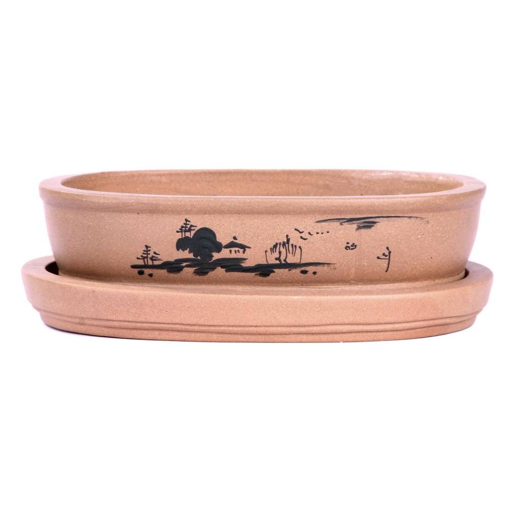 Bonsai - Schale + Untersetzer mit Motiv, 25 x 18 x 6,5 cm oval   31085