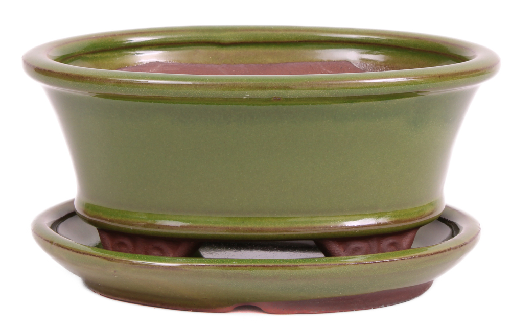 Bonsai - Schale oval 16 x 13 x 7.5 cm , grün , mit Untersetzer 23175