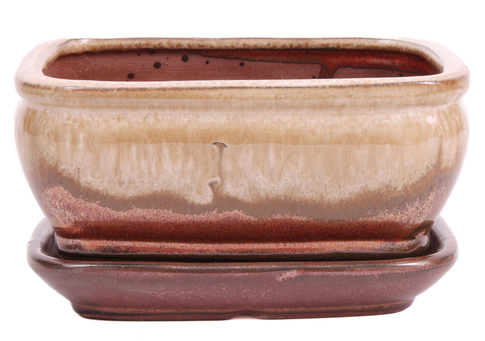 Bonsai - Schale eckig 16.5 x 13 x 7.7 cm , kupfer / beige , mit Untersetzer 23180