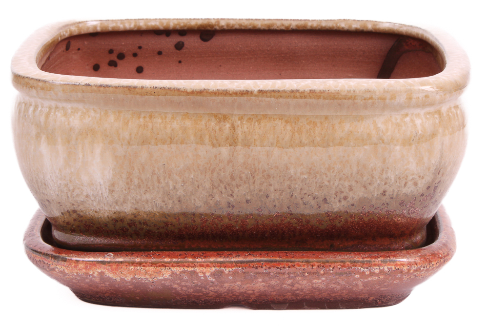 Bonsai - Schale eckig 16.5 x 13 x 7.7 cm , kupfer / beige , mit Untersetzer 23180