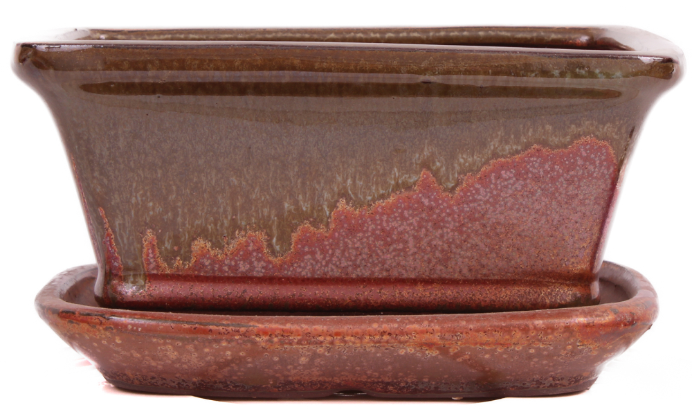 Bonsai - Schale eckig 16.5 x 13 x 7.7 cm , kupfer / grünbraun , mit Untersetzer 23181