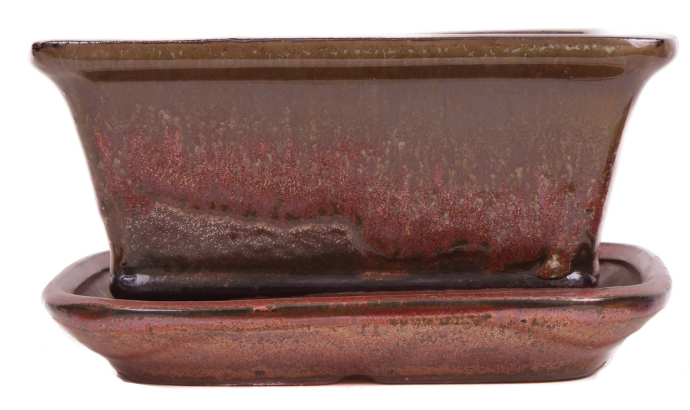 Bonsai - Schale eckig 16.5 x 13 x 7.7 cm , kupfer / grünbraun , mit Untersetzer 23181