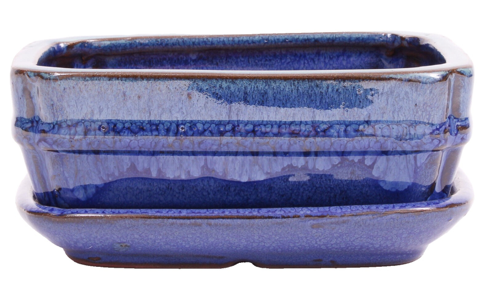 Bonsai - Schale eckig 16 x 12 x 6.7 cm , blau / grün , mit Untersetzer 23182