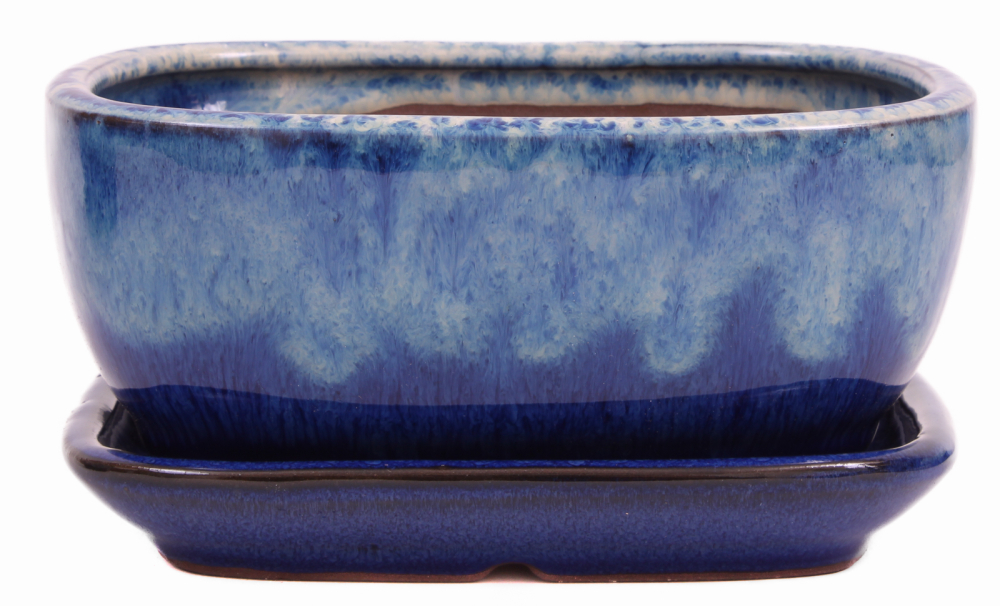 Bonsai - Schale eckig 16.5 x 13 x 7.5 cm , hellblau / blau , mit Untersetzer 23183