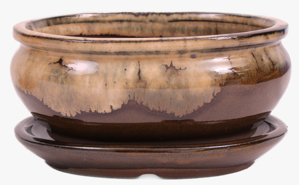 Bonsai - Schale oval 15.5 x 12.5 x 7.3 cm , braun / beige , mit Untersetzer 23184