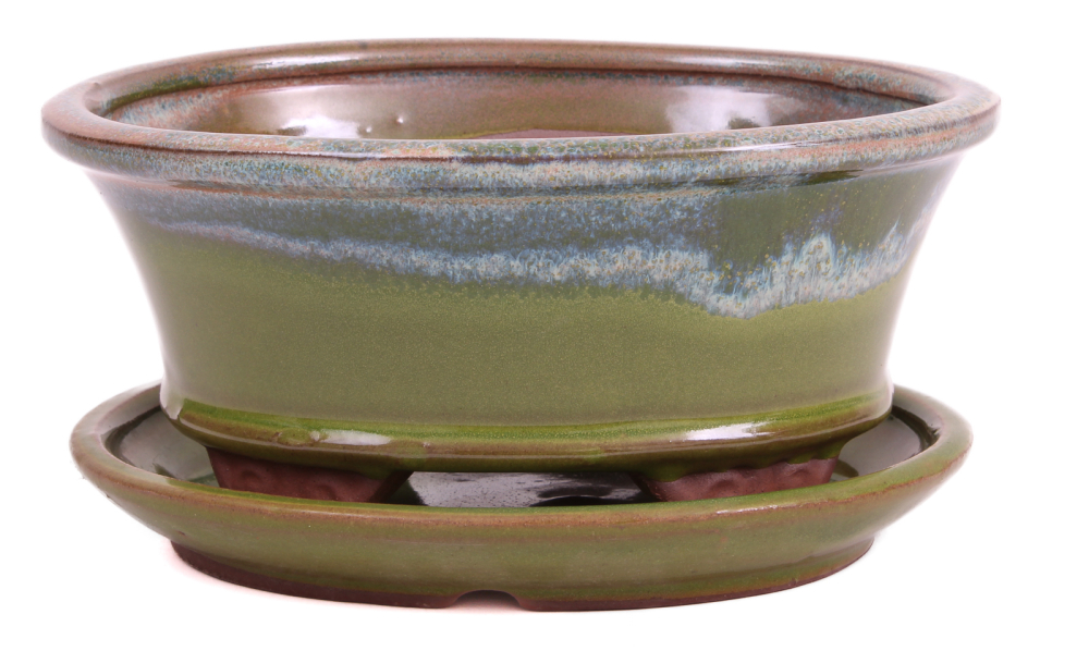 Bonsai - Schale oval 16 x 12.5 x 7.5 cm , grün / beige , mit Untersetzer 23185