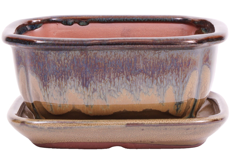 Bonsai - Schale eckig 16 x 12.5 x 7.5 cm , beige / grünblau , mit Untersetzer 23187