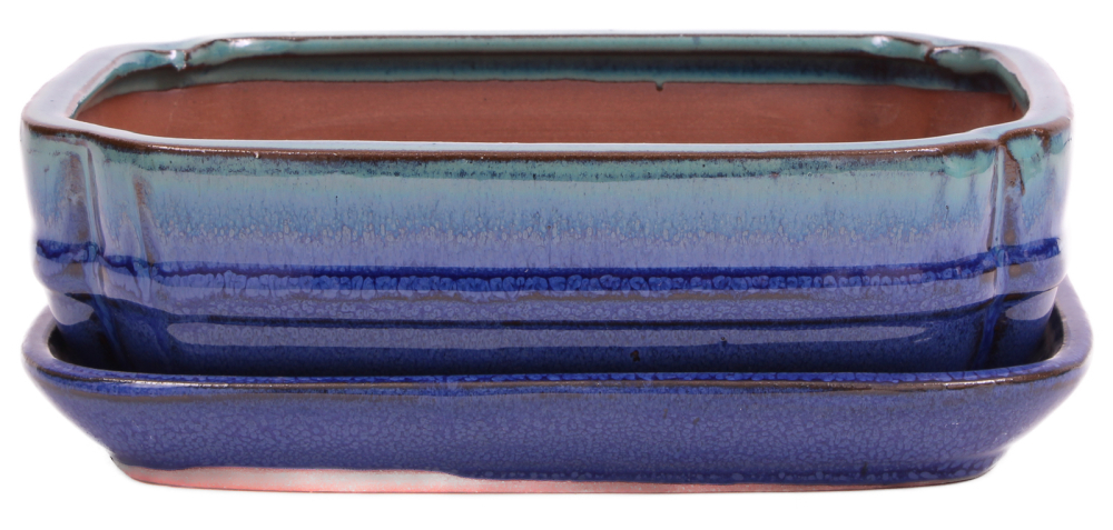 Bonsai - Schale eckig 22 x 16.5 x 6.5 cm , blaugrün / blau , mit Untersetzer 23202