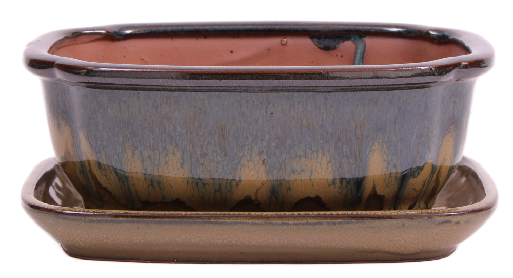 Bonsai - Schale eckig 21.5 x 17 x 8.5 cm , grünblau / beige , mit Untersetzer 23207