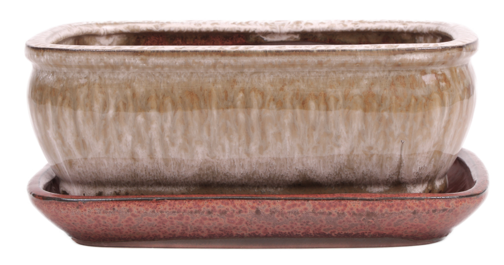 Bonsai - Schale eckig 21.5 x 17 x 8.5 cm kupfer / beige  mit Untersetzer 23208