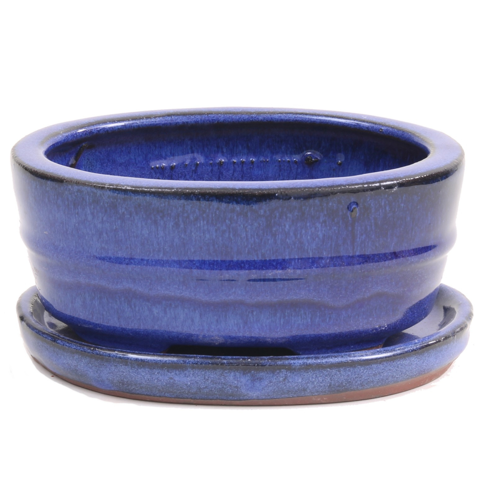 Bonsai - Schale oval,  16 x 11,5 x 6,5 cm, Blau , mit Untersetzer 23984