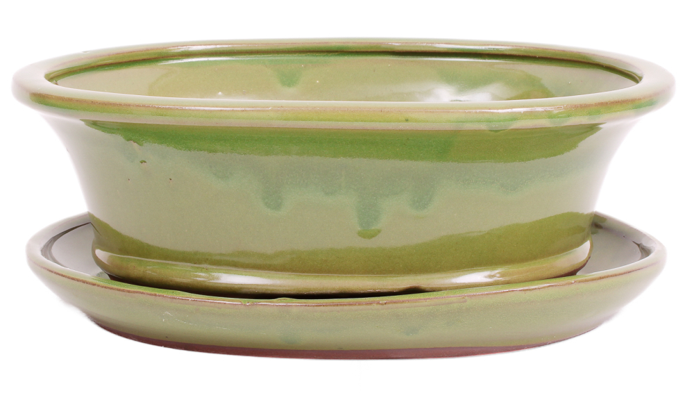 Bonsai - Schale oval 26.5 x 21 x 9.5 cm mit Untersetzer  grün 31130