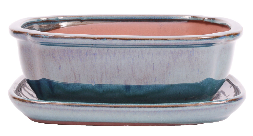 Bonsai - Schale eckig 26.5 x 21 x 9.5 cm mit Untersetzer  blaugrün 31131