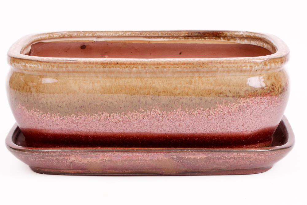 Bonsai - Schale eckig 26 x 21 x 10 cm , beige / kupfer , mit Untersetzer 31133