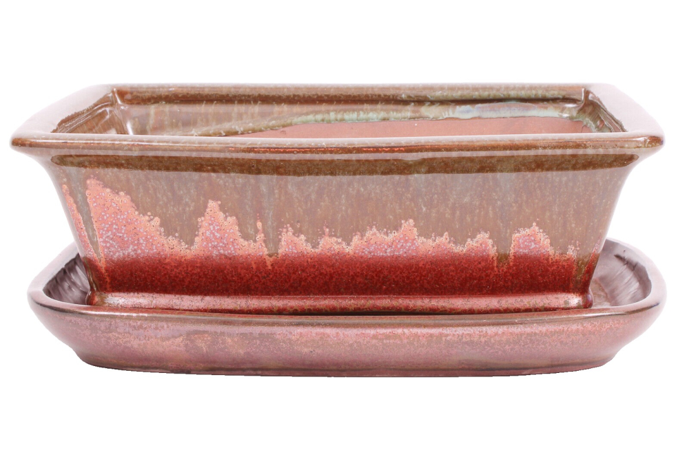 Bonsai - Schale eckig 26.5 x 20.5 x 9 cm , grün / kupfer , mit Untersetzer 31134