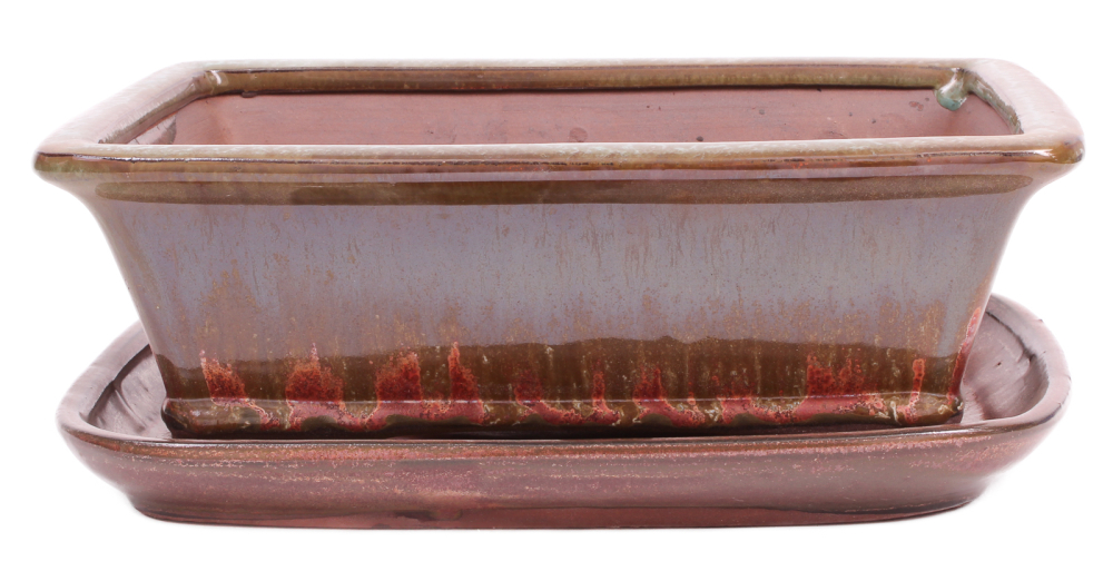 Bonsai - Schale eckig 26.5 x 20.5 x 9 cm , grün / kupfer , mit Untersetzer 31134