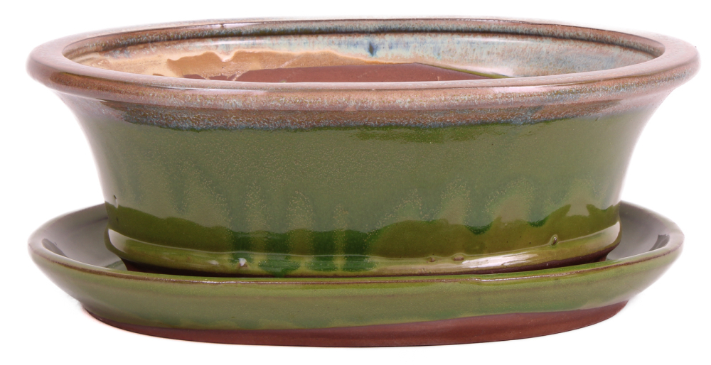Bonsai - Schale oval 26 x 21 x 9.5 cm , beige / grün , mit Untersetzer 31138