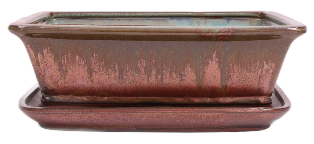 Bonsai - Schale eckig 32.5 x 25.5 x 10.5 cm , grün / kupfer , mit Untersetzer 41117