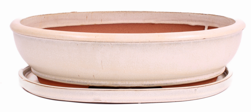 Bonsai - Schale oval 38.5 x 30.5 x 9.5 cm creme mit Untersetzer 41124